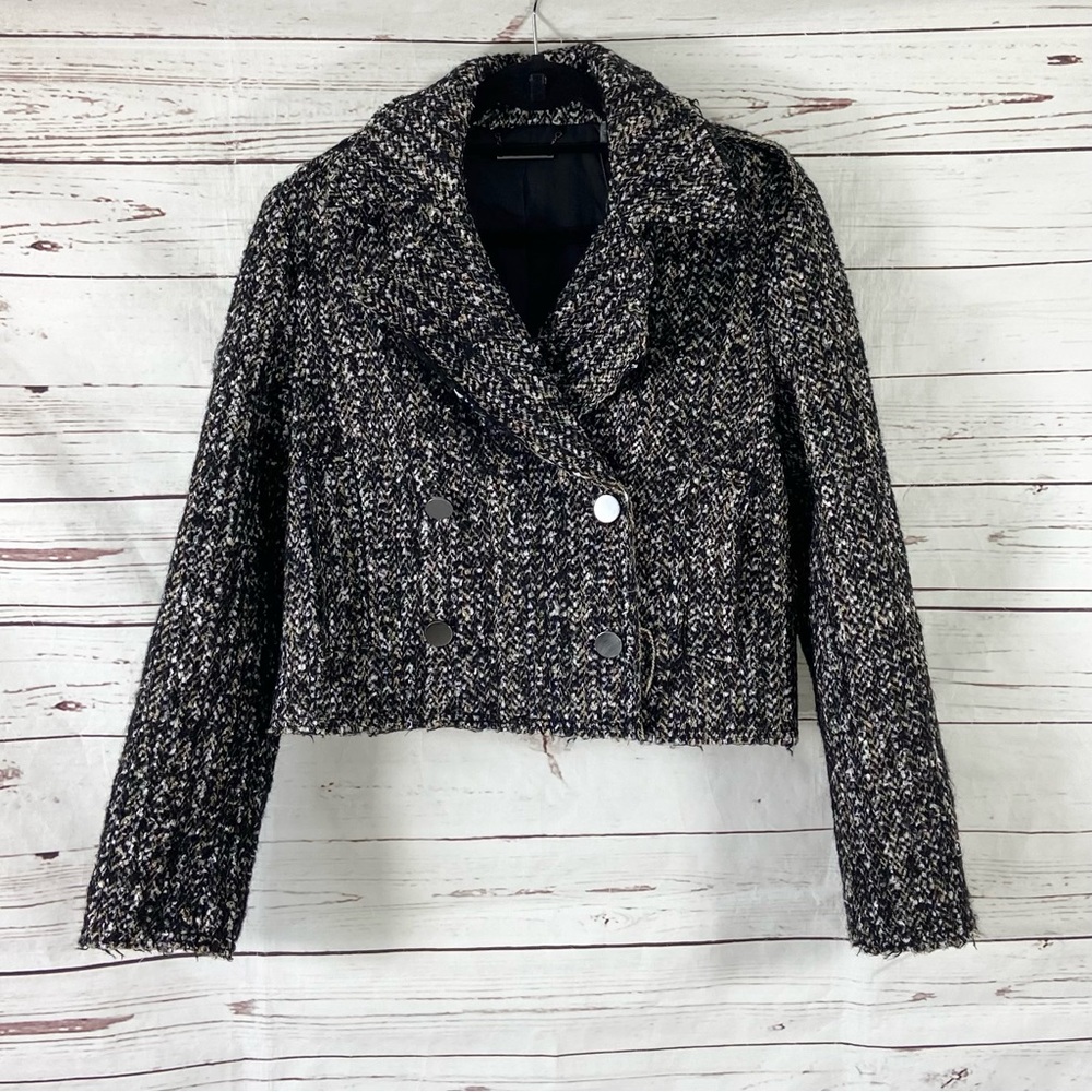 T Tahari Womens Blazer Double Breasted Black Tweed Wool Blend Fluffy 10